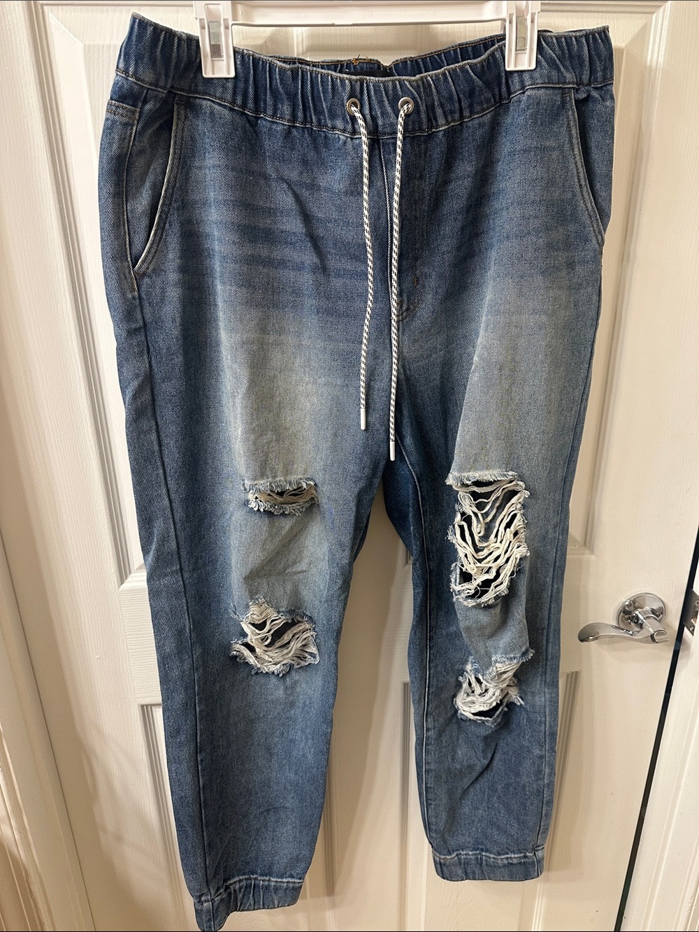 Fashion Nova Distressed Blue Relaxed Drawstring Jeans